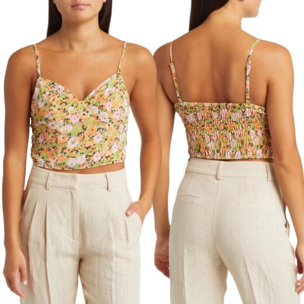 Open Edit Smocked Back Crop Camisole Orange Floral Size Small NWOT $39 MSRP
